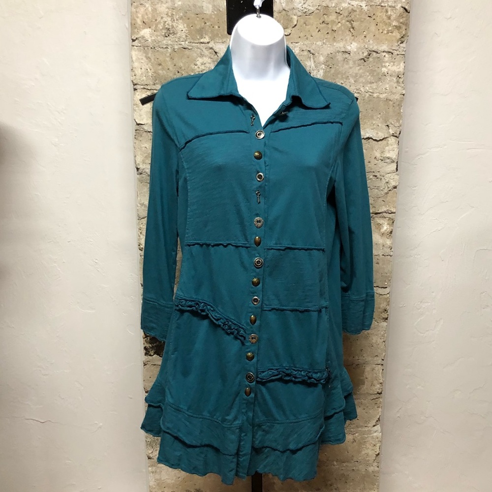 Neon Buddha Button Up Teal Green Ruffle Shirt Dress Size Small